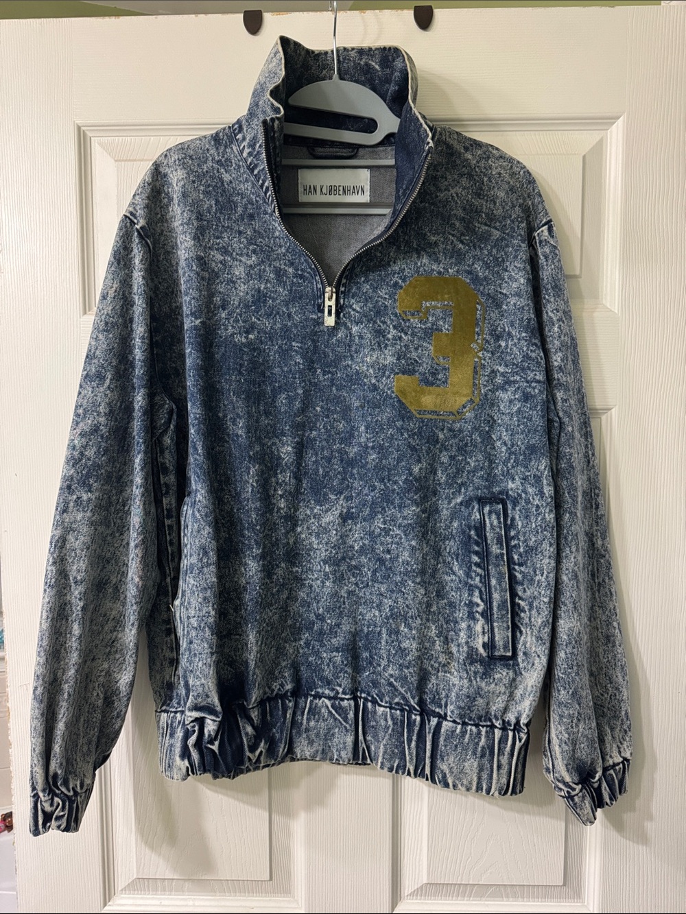 Men's Blue Mineral-Wash Quarter-Zip Sweater with Gold '3'